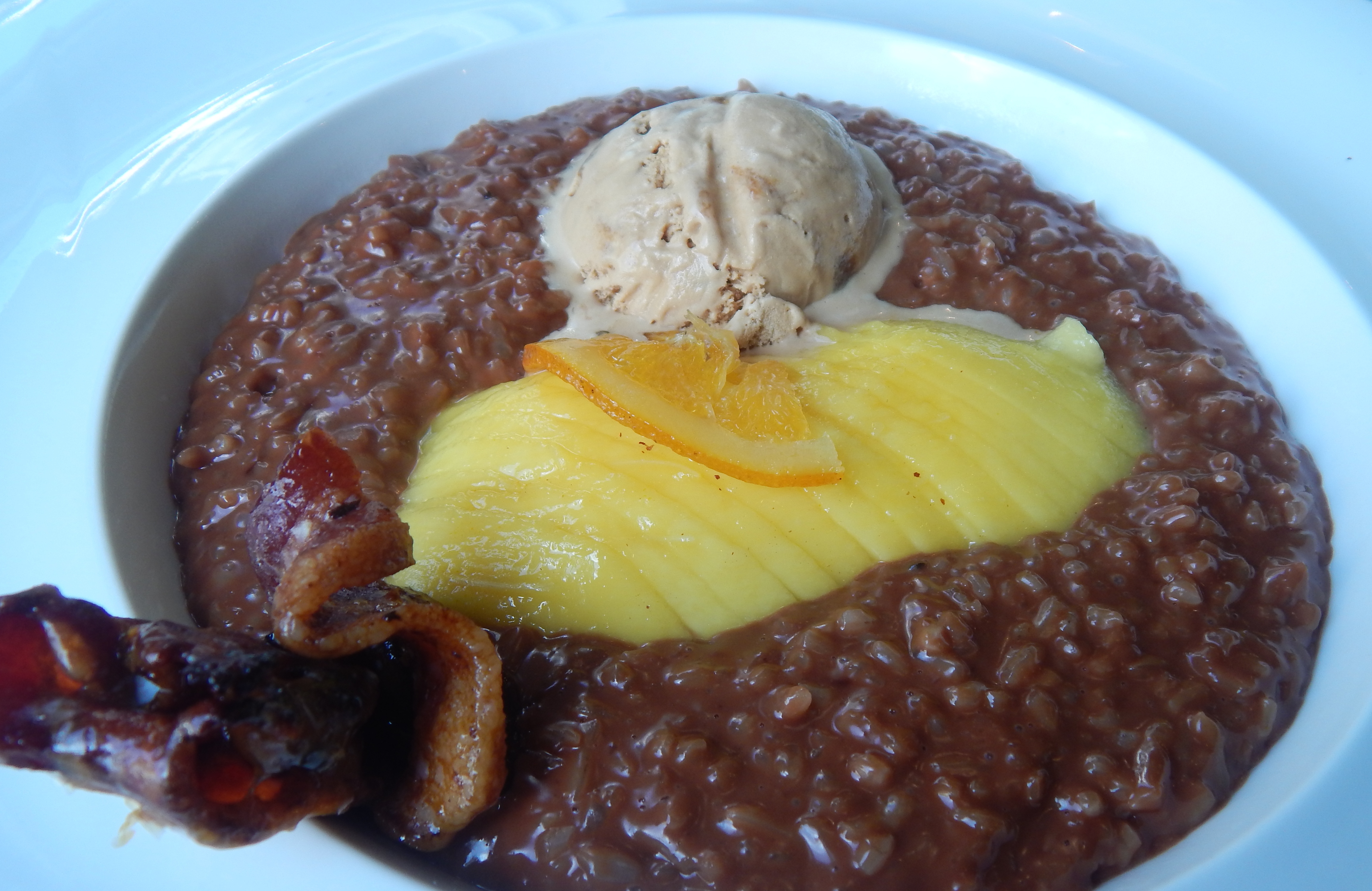 Champorado, a typical Filipino dish with modern twist of bacon and ice cream